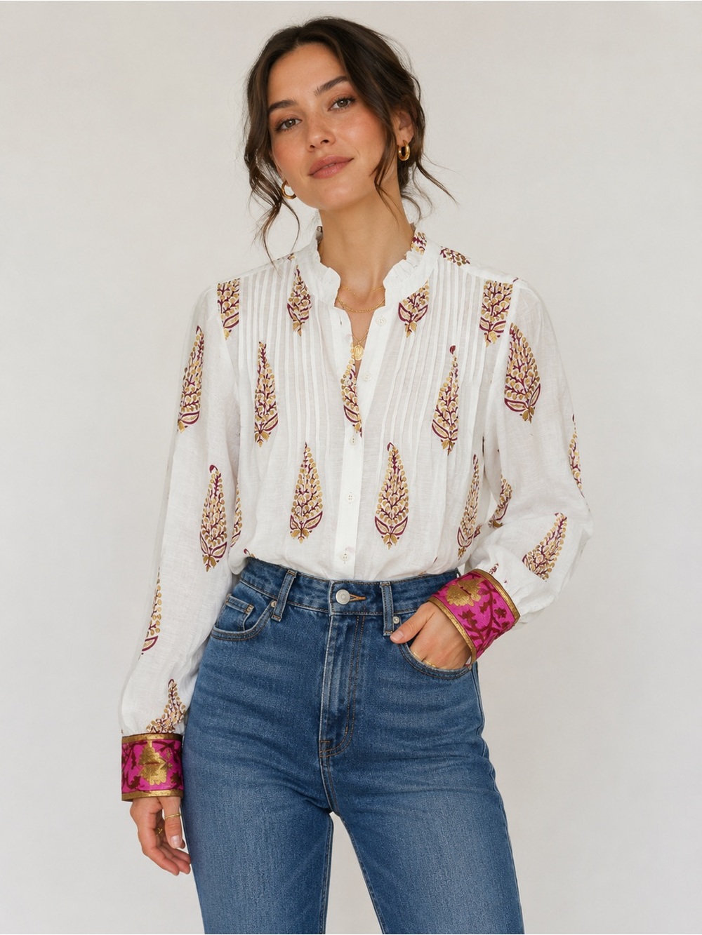 OLIPHANT Cotton Silk Printed Pintuck Blouse Small Lightweight Breathable Boho